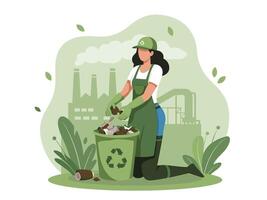 Woman in green hat and gloves picking up trash in a garbage can vector