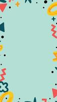 Seamless Memphis pattern with abstract geometric shapes, squiggles, and dots on a teal background vector