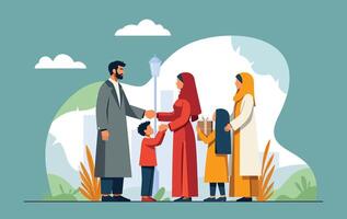 happy eid mubarak greeting concept with people character. Moeslems meet up and shaking their hands. sharing gift box, web landing page template, banner, presentation, social, and print media vector