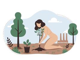 A woman is planting a tree in the forest vector