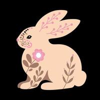 Cute Bunny in Folk Art Style with Floral Patterns. Pastel color illustration on black background vector