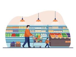Man and child shopping in supermarket, illustration vector