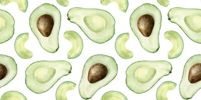 Avocado fruits slices, pits and halves. Hand drawn watercolor seamless surface patterns design. Background of avocado Vegetables for menu, packaging of food, cosmetics, fabrics, cards, recipe vector