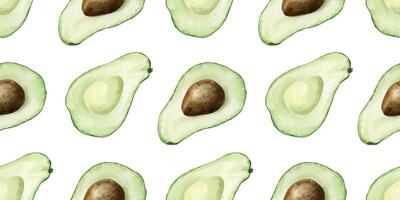 Avocado halves fruit with seed and Seedless slices. Hand drawn watercolor seamless patterns. Background of avocado Vegetables for menu, packaging of food, cosmetics, fabrics, cards, recipe vector