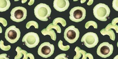 Avocado slices, halves fruits with and without pits. Hand drawn watercolor seamless pattern on dark background. Print of green avocado Vegetables for menu, packaging, cosmetics, fabrics, cards, recipe vector