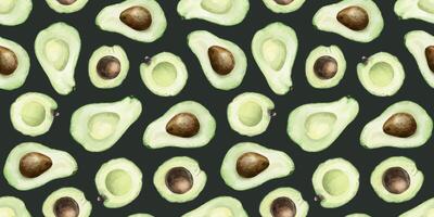 Avocado halves fruits with and without pits. Hand drawn watercolor seamless patterns on dark background. Print of ripe avocado Vegetables for menu, packaging of food, cosmetics, fabrics, cards, recipe vector