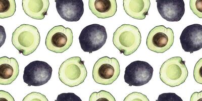 Hass avocado whole, halves fruits with and without pits. Hand drawn watercolor seamless pattern. Background of ripe avocado Vegetables for menu, packaging of food, cosmetics, fabrics, cards, recipe vector