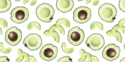 Avocado fruits slices, pits and halves. Hand drawn watercolor seamless surface pattern design. Background of ripe avocado Vegetables for menu, packaging of food, cosmetics, fabrics, cards, recipe vector