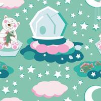 Seamless pattern polar bear cub under stars with fish vector