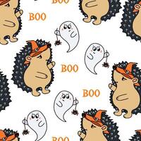 Seamless pattern funny hedgehog and ghost with spider vector