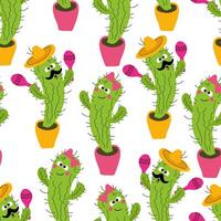 Seamless pattern funny characters in love cartoon cacti in pots vector