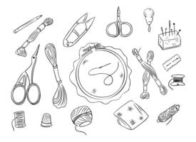 A hand-drawn illustration set with embroidery tools, thread, scissors, needles, and a hoop with stitching. The design represents craftsmanship, creativity, and the art of embroidery vector