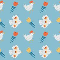 Seamless pattern with stylized chickens, birds, and flowers on a blue background. The illustration evokes a folk-art style, symbolizing spring, nature, and rural charm vector