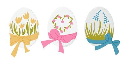 Three decorated Easter eggs with floral patterns and bows in a soft, textured style. The illustration represents spring, renewal, and festive Easter traditions vector