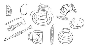 A hand-drawn pottery and ceramics illustration set featuring a potter shaping clay on a wheel, tools, and finished pottery pieces. The design represents craftsmanship, creativity and handmade ceramics vector