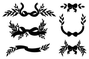 Vintage coquette ribbon bow with plants silhouette set. Romantic girly vibe. Isolated Trendy aesthetic graphic elements perfect for designs, digital projects and decoration vector