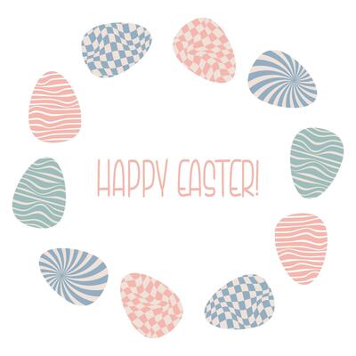 Frame Border From Easter Eggs with Groovy Distorted Checkered and Uneven Stripes Pattern. Retro Twisted Waves Trippy Grid and Hippie Wave Stripe.