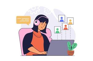 conference concept with cartoon people in flat design for web. Woman in headphones listening colleagues and connecting by call at laptop and chatting online remotely. illustration. vector