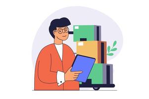 Delivery service concept with cartoon people in flat design for web. Man working as operator in logistic company, managing parcels shipment, storing postal packages at terminal. illustration. vector