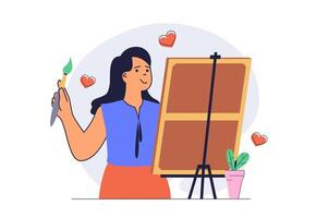 Hobby activity concept with cartoon people in flat design for web. Woman with paintbrush drawing at easel canvas, creating artworks with passion, enjoying leisure entertainment. illustration. vector