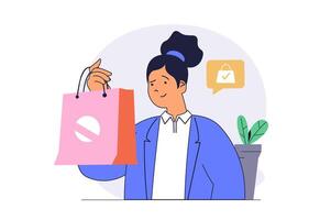 Shopping concept with cartoon people in flat design for web. Woman with bag doing bargain purchases, choosing and buying new products with bargain price, using delivery service. illustration. vector