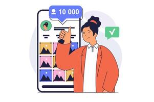 Social network concept with cartoon people in flat design for web. Woman developing online blog, attracting new followers and increases audience, posting new photo content. illustration. vector