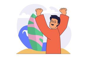 Summertime activity concept with cartoon people in flat design for web. Man with surfboard enjoying surfing and summer outdoor physical training at ocean waves at tropical resort. illustration. vector