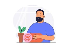 Hobby activity concept with cartoon people in flat design for web. Man doing yoga practice, gymnastics stretching or pilates training, enjoying sport process and physical leisure. illustration. vector