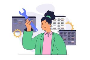 Development concept with cartoon people in flat design for web. Woman programming and coding, examining code and finding problems, making maintenance and testing new products. illustration. vector