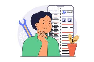 SEO optimization concept with cartoon people in flat design for web. Man making data analysis of search results, working with keywords, doing settings from mobile phone app. illustration. vector