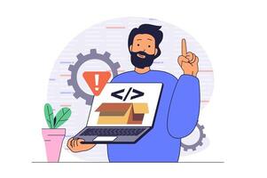 Development concept with cartoon people in flat design for web. Man getting warning message from security system, finding virus or bugs in program, programming and coding apps. illustration. vector