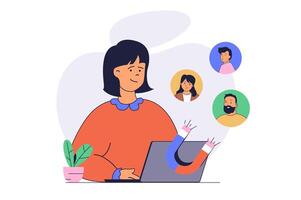 Digital marketing concept with cartoon people in flat design for web. Woman creating advertising content with magnet for attracting new clients, making online promotion campaign. illustration. vector