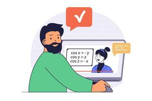 Education concept with cartoon people in flat design for web. Student watching tutorials, learning lessons with online courses, studying and doing homework at computer. illustration. vector
