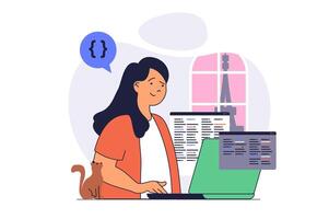 Freelance concept with cartoon people in flat design for web. Woman working as programmer and doing work tasks remotely, working online from hotel while Paris vacation travel. illustration. vector