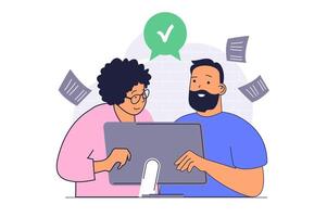 Teamwork concept with cartoon people in flat design for web. Man and woman developing project together, analyzing challenge and discussing tasks, finding best improvements. illustration. vector