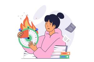 Deadline concept with cartoon people in flat design for web. Woman doing urgency paperwork while time burning and clock countdown. Worried businesswoman workflow with stress. illustration. vector