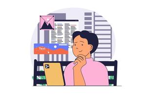 Freelance concept with cartoon people in flat design for web. Man working online from mobile phone while sitting at park bench. Freelancer doing work tasks remotely outside. illustration. vector