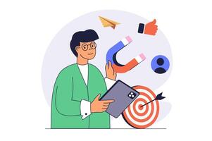 Digital marketing concept with cartoon people in flat design for web. Man with magnet attracting clients, sending emails with promo, creating advertising for target audience. illustration. vector