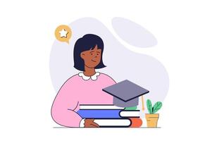 Education concept with cartoon people in flat design for web. Student reading textbooks and books, gaining cognitions and skills, learning at university and getting graduation. illustration. vector