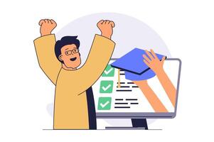 Education concept with cartoon people in flat design for web. Student learning lessons with online course, doing homework at computer, passes exams success, getting graduation. illustration. vector