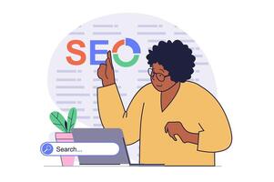 SEO optimization concept with cartoon people in flat design for web. Woman researching data analysis and internet algorithms, working with keywords for search service settings. illustration. vector