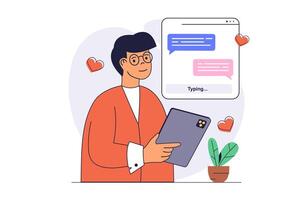 Social network concept with cartoon people in flat design for web. Man using dating app service, sending flirting messages and adding new friends, chatting online in messenger. illustration. vector