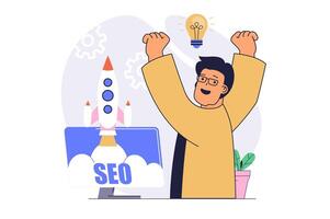 SEO optimization concept with cartoon people in flat design for web. Man making data analysis of search results, improving process, raising page rocket rating to top ranking. illustration. vector