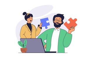 Teamwork concept with cartoon people in flat design for web. Man and woman doing job tasks and collecting puzzles together, brainstorming and creating strategy, working in team. illustration. vector