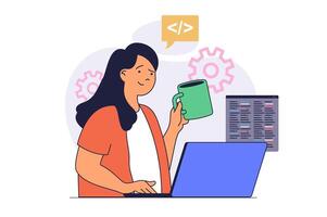 Programmer working concept with cartoon people in flat design for web. Woman doing job tasks at laptop, programming software, engineering and developing programs, coding scripts. illustration. vector