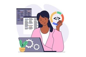 Development concept with cartoon people in flat design for web. Woman programming and coding new products, testing programs, making quality reports with technical solutions. illustration. vector