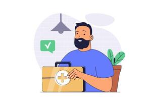 Medicine concept with cartoon people in flat design for web. Doctor with first aid kit suitcase helping in emergency cases, paramedic going to patients with ambulance callings. illustration. vector