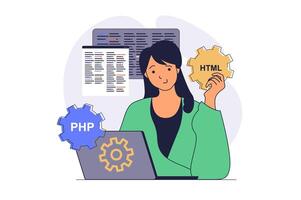 Programmer working concept with cartoon people in flat design for web. Woman programming software at screens, engineering and developing programs, coding applications and scripts. illustration. vector