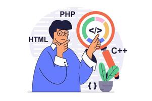 Programmer working concept with cartoon people in flat design for web. Man searching program bugs in code, creating quality report, programming and engineering software projects. illustration. vector