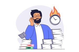 Deadline concept with cartoon people in flat design for web. Man doing urgency tasks and paperwork while time burn and clock countdowns, workflow process with stress and crisis. illustration. vector